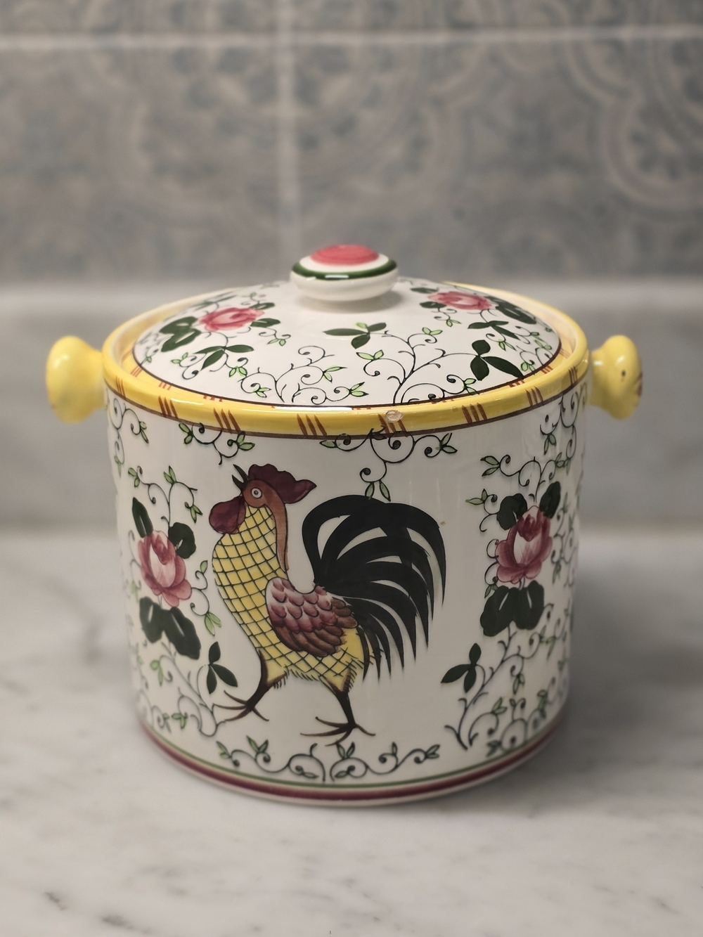 Roses And Rooster Ceramic Kitchen Canister - Yellow, Pink, Green